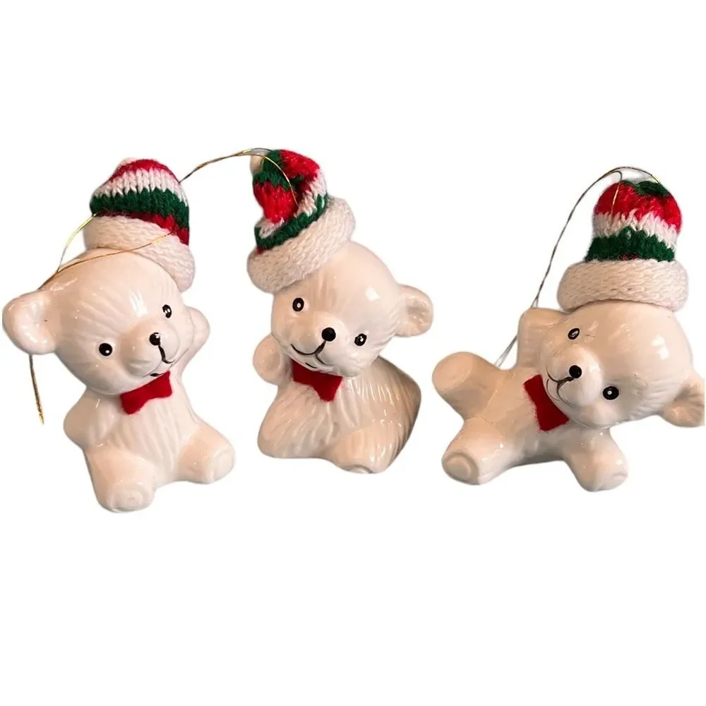 Vintage Teddy Bear Ceramic Ornaments Set of 3 Christmas Stocking Hate Red Green